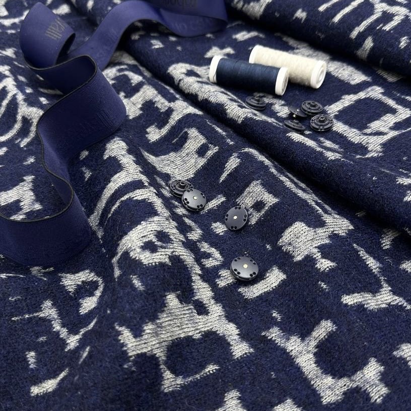 трикотаж тёмно синий фон белые рисунки шерсть ш.120